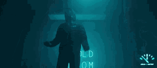 a person in a mask is holding a knife in front of a neon sign that says presents