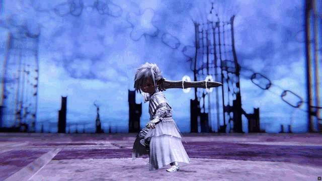 a girl in a white dress holding a sword