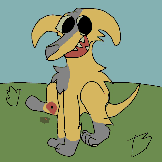 a cartoon drawing of a dog with a purple nose and a red mouth