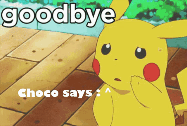 a cartoon pikachu says goodbye to choco