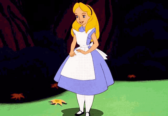 a cartoon of alice from alice in wonderland is dancing in the woods .