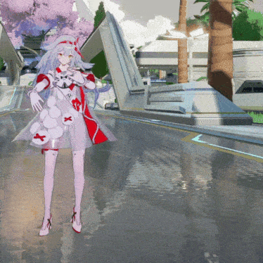 a girl in a white and red dress with a red x on her skirt