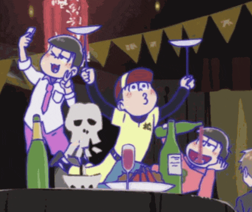 a group of cartoon characters are standing around a table with a skull and bottles of wine
