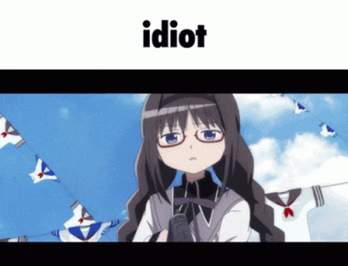 a picture of a girl with glasses and the word idiot under her