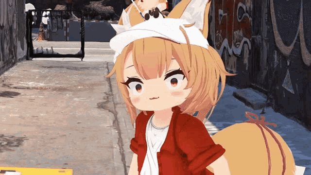 a girl with a fox tail is wearing a red shirt and white hat