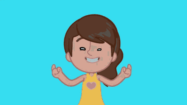 a cartoon girl wearing a yellow shirt with a pink heart on it