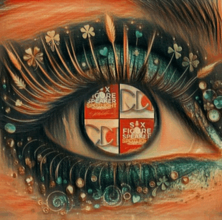 a close up of a woman 's eye with six figure speaker spotlight