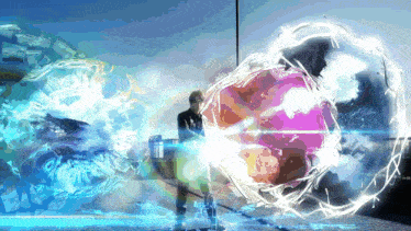 a man in a suit is standing in front of a glowing object that says ' arc ' on the bottom