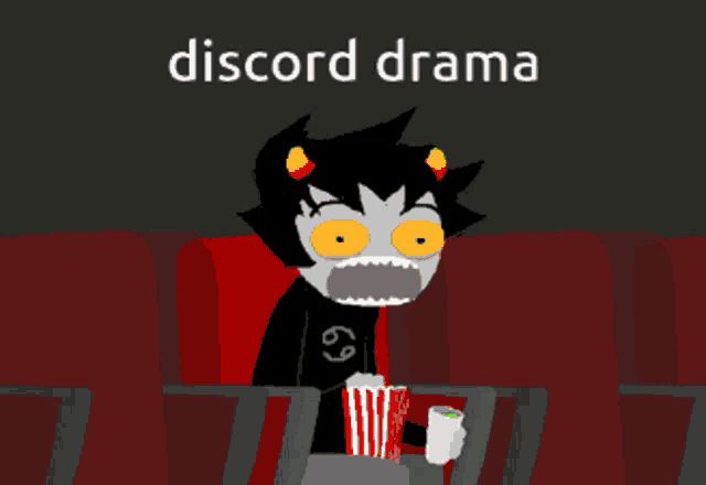 a cartoon character is sitting in a theater eating popcorn and the words discord drama are above him