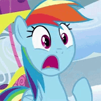 rainbow dash from my little pony looks surprised with her mouth open