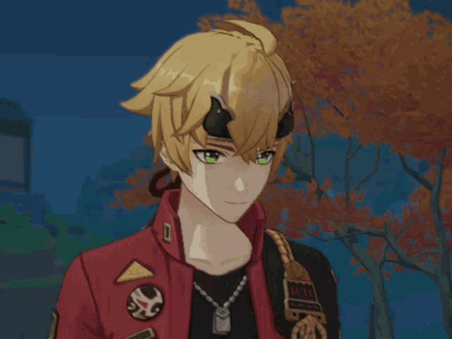 a cartoon character with horns on his head is wearing a red jacket and a black shirt