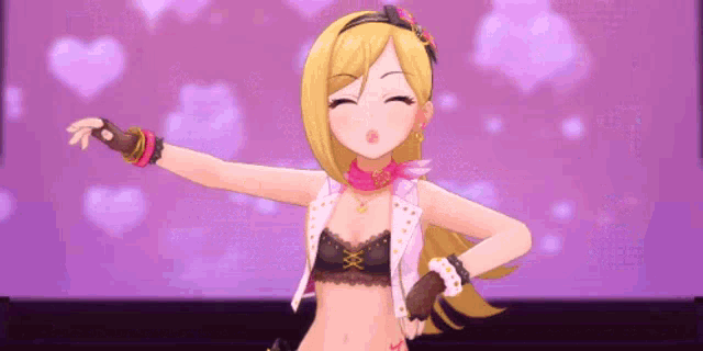 a cartoon girl is dancing on a stage in front of hearts .