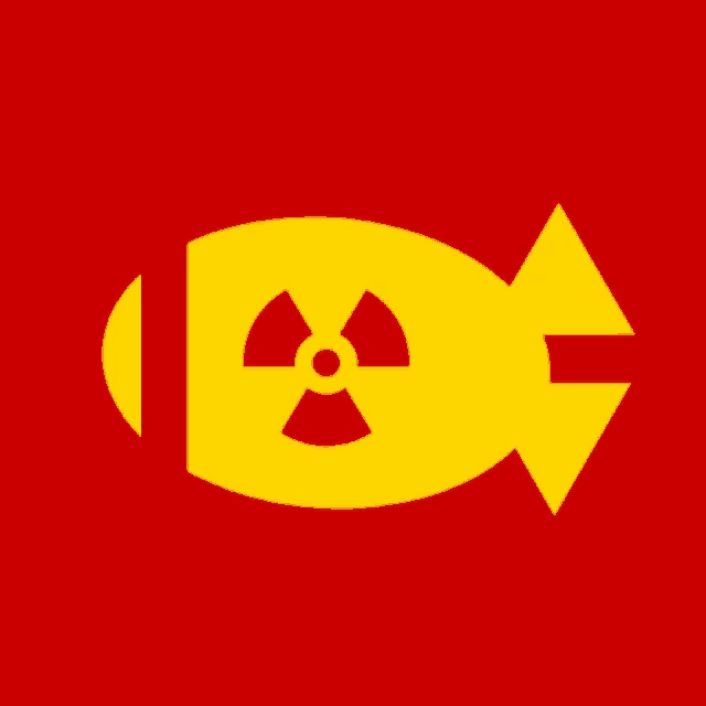 a yellow bomb with a nuclear symbol and an arrow on a red background