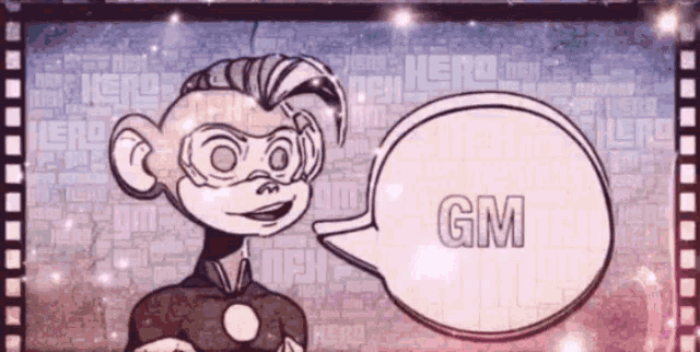 a cartoon character with a speech bubble that says " gm "