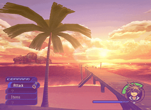 a screenshot of a video game shows a palm tree and a dock