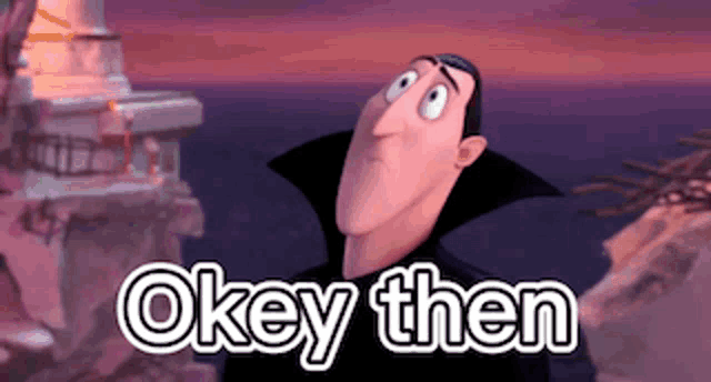 a cartoon character says okay then in front of a cliff
