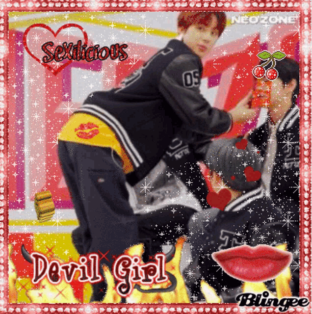 a picture of a man with the words sexlicious devil girl on it