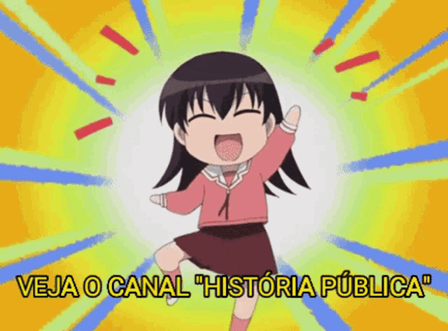a cartoon of a girl with the words " veja o canal historia publica " above her