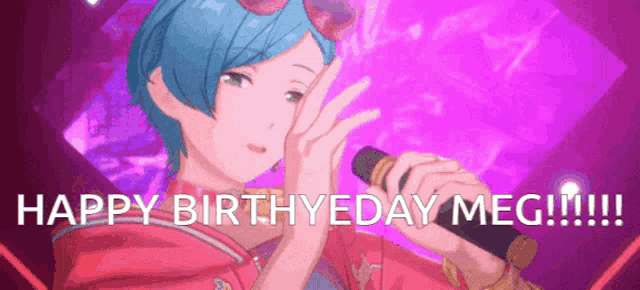 a boy with blue hair is singing into a microphone with the words happy birthday meg !!!