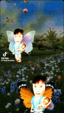 a cartoon of a boy with butterfly wings holding a baby