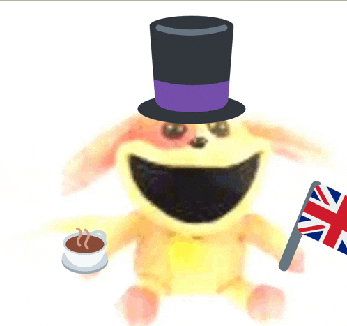 a stuffed animal wearing a top hat and holding a british flag next to a cup of coffee