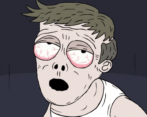 a cartoon drawing of a man with red eyes