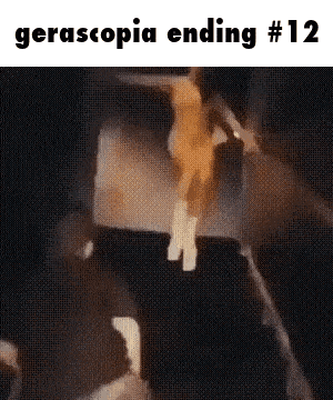 a close up of a person 's face with the words gerascopia ending # 12 written on it