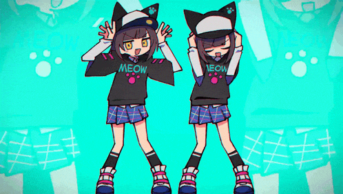 two anime girls are standing next to each other wearing meow sweaters