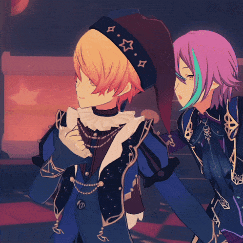 a couple of anime characters standing next to each other with one wearing a hat with stars on it