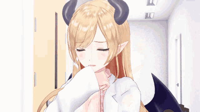 a blonde anime girl with horns and wings is making a cross sign