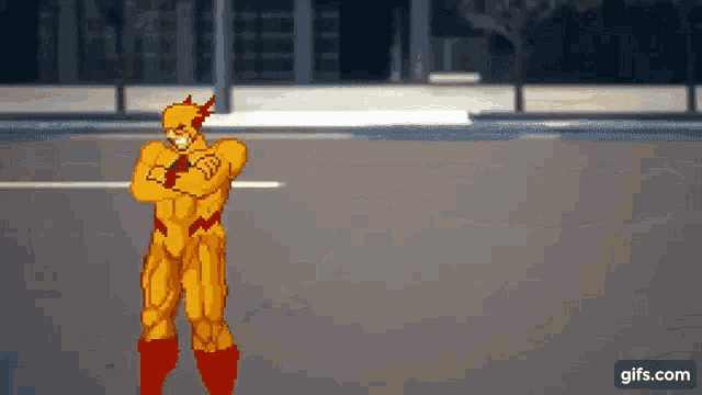 a pixel art of a superhero standing on a city street
