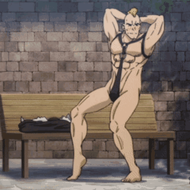 a naked man is sitting on a wooden bench with his hands behind his head
