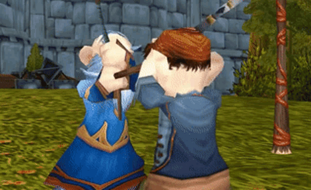 two cartoon characters are playing a game and one is holding a stick