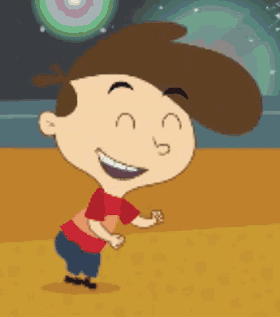 a cartoon boy with brown hair is smiling with his eyes closed and his mouth open