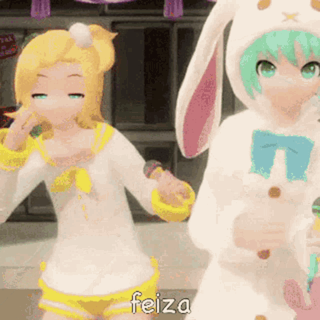 two anime girls are dancing and one of them is wearing a bunny costume .