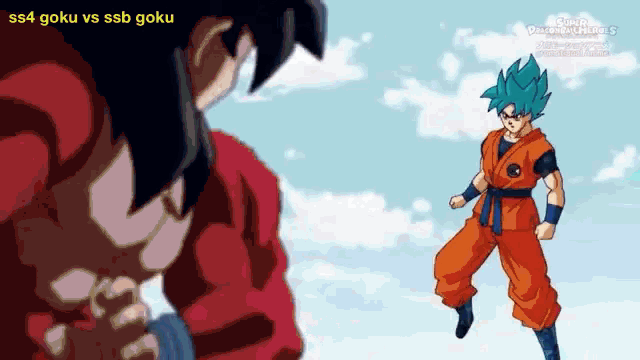ss4 goku and ssb goku are fighting in a cartoon