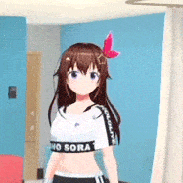 a girl with a butterfly in her hair is standing in a room .