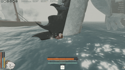 a screenshot of a video game shows a character being attacked by a giant shark
