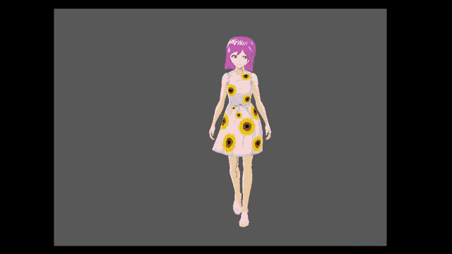 a girl with purple hair is wearing a sunflower dress