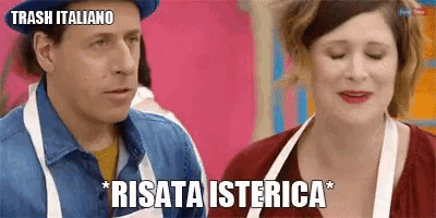 a man and a woman are standing next to each other and the man says trash italiano and the woman says risata isterica