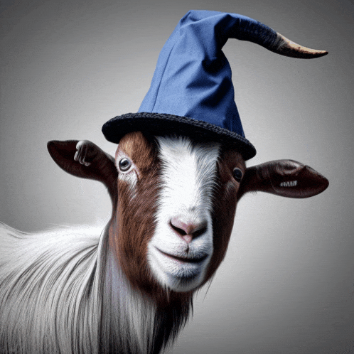a goat wearing a blue wizard hat looks at the camera