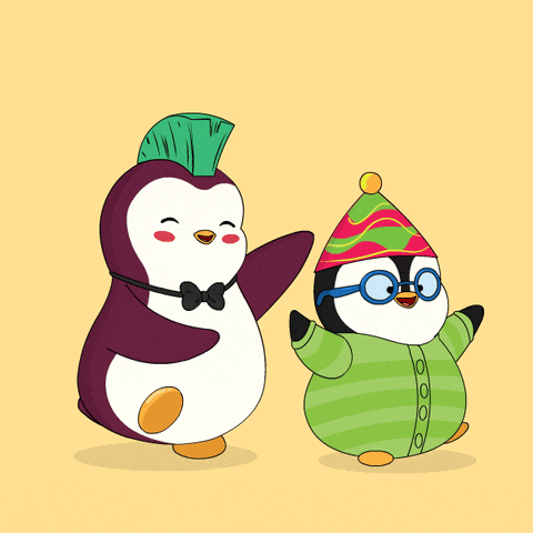 two penguins are standing next to each other one has a mohawk and the other has glasses
