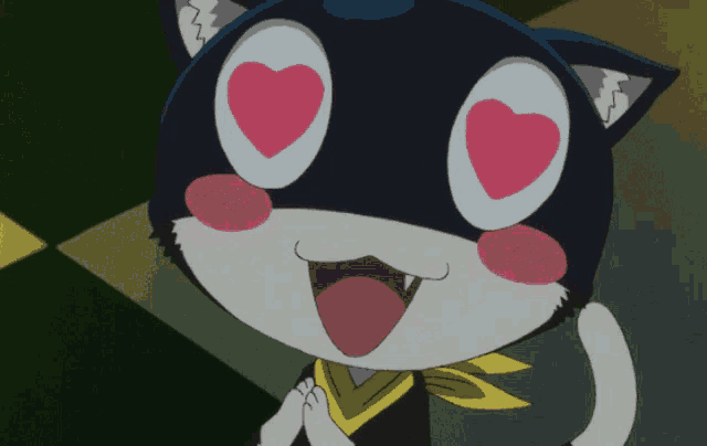 a cat with heart shaped eyes and a yellow scarf around its neck