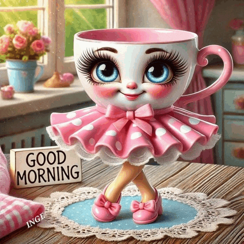 a sign that says good morning on it next to a cup
