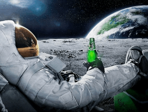 an astronaut laying on the moon holding a green bottle