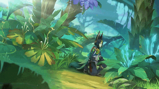 a painting of a person sitting in a jungle