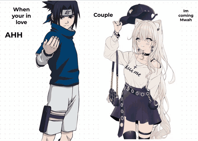 a couple of anime characters standing next to each other with the caption when your in love