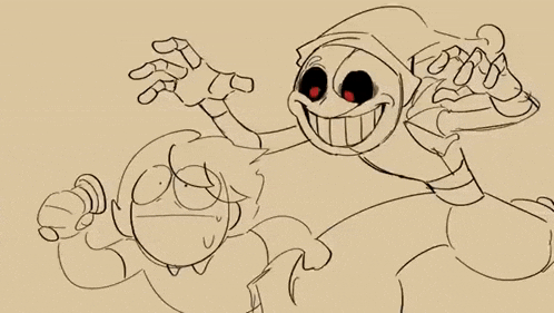 a black and white drawing of a skeleton with red eyes and a cartoon character with red eyes .