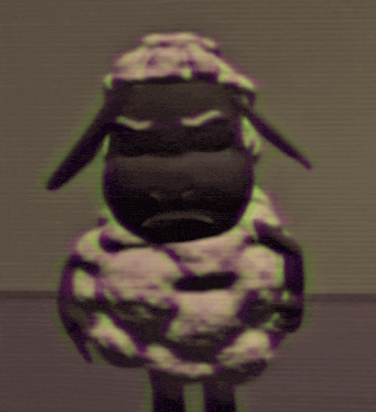 a cartoon sheep with a sad look on his face is standing in front of a wall