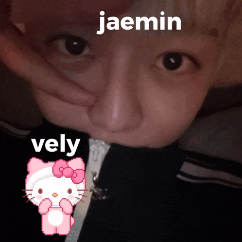 a close up of a person 's face with the words jaemin vely written on it